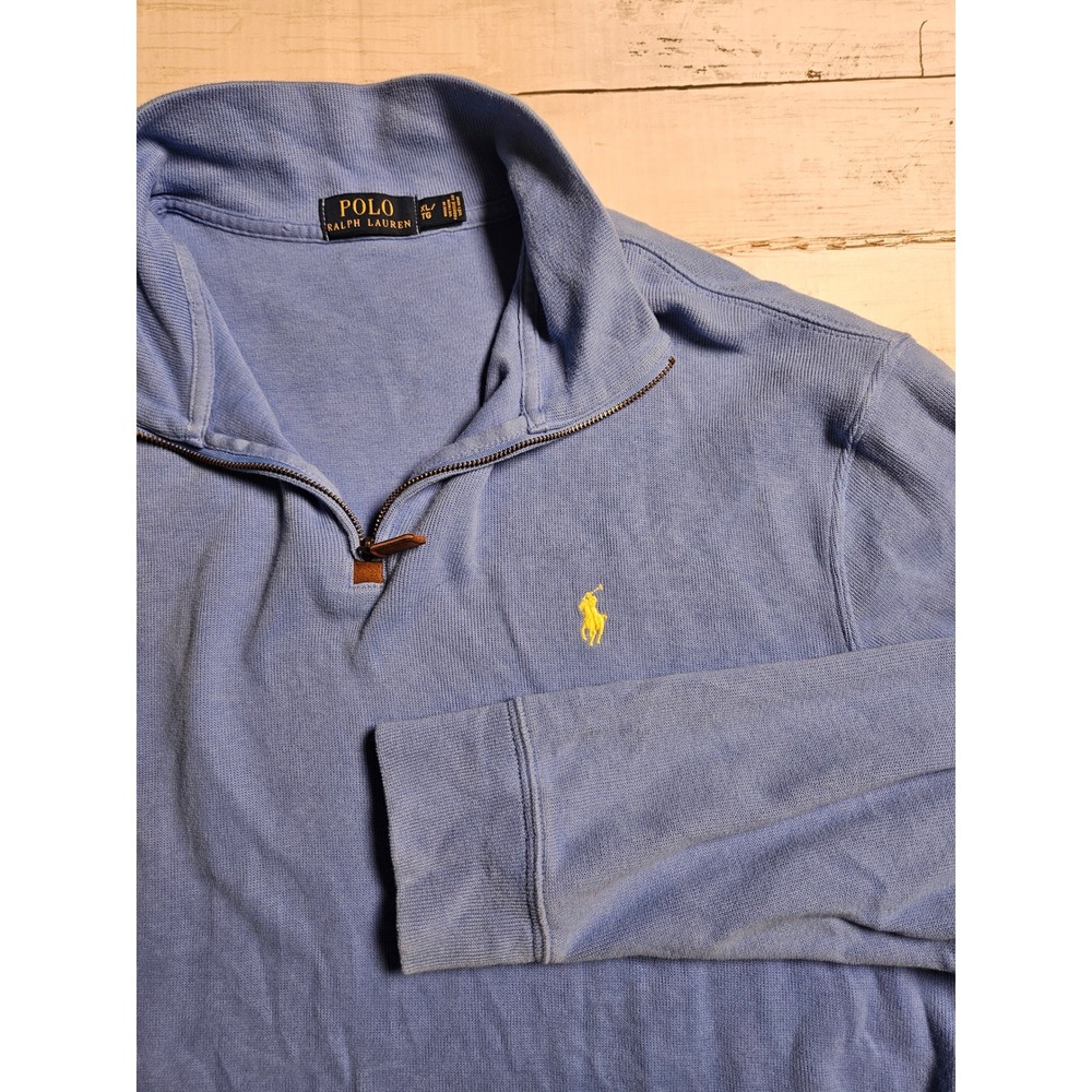 Polo Ralph Lauren Men XL Blue Cotton Quarter Zip Pullover Sweatshirt Yellow Pony